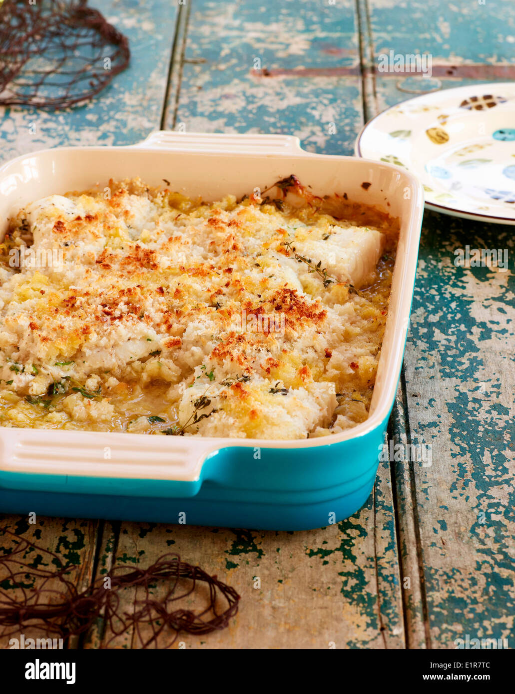 Kabeljau und Apfelwein Backen Stockfoto