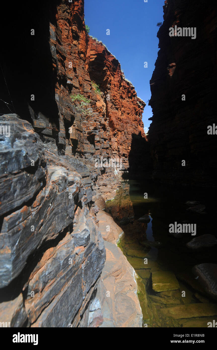 Schmale rote Felswände des Joffre Gorge, Karijini-Nationalpark, Hamersley Range, Pilbara, Western Australia Stockfoto