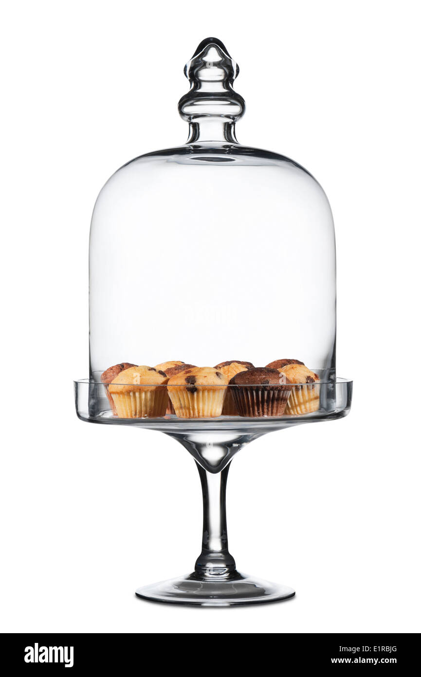 Glas Etagere mit unterschiedlichsten Maffins auf weißem Hintergrund Stockfoto