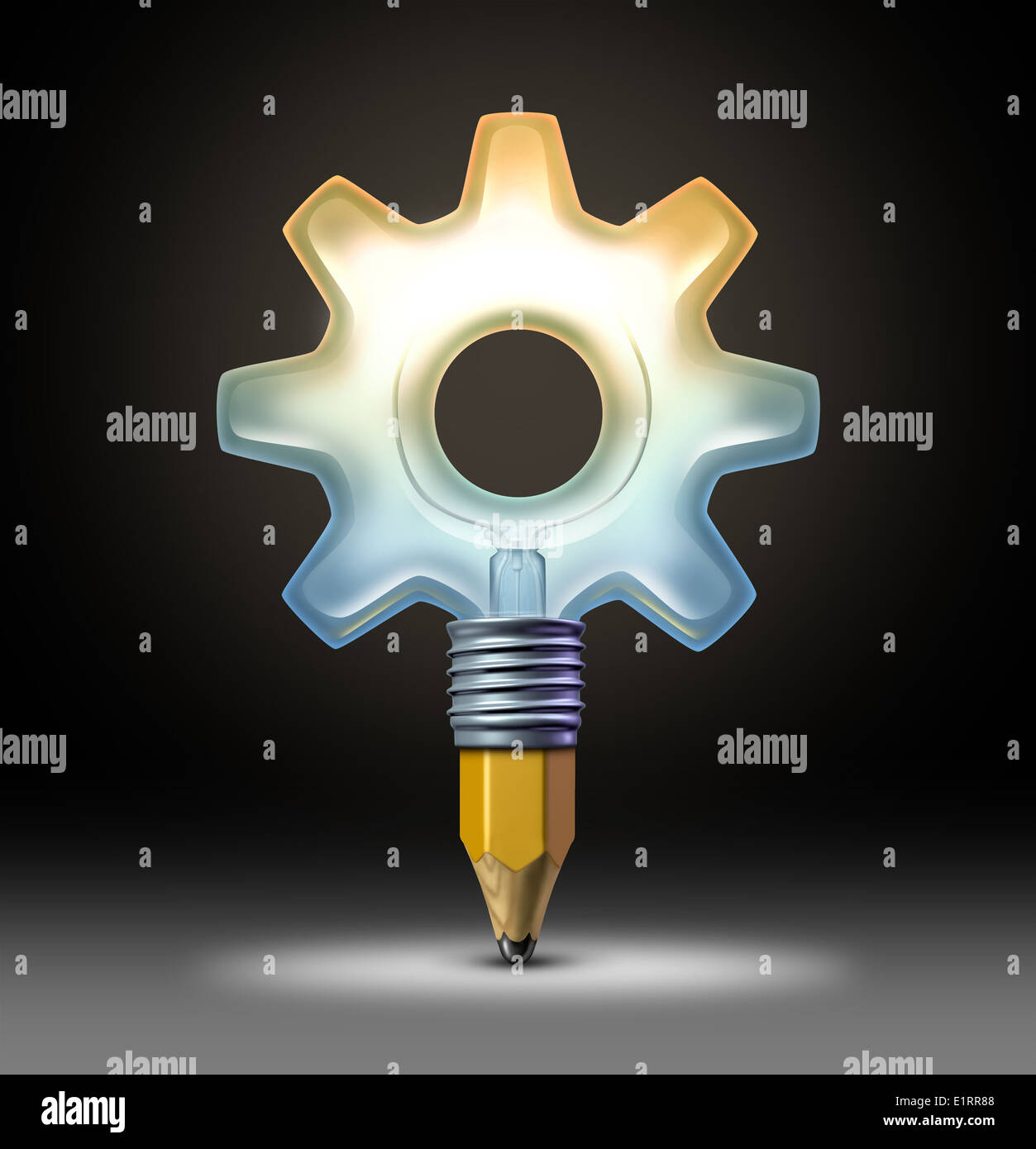 Business-Ideen-Konzept mit einer hell beleuchteten Glühbirne geformt wie ein Zahnrad oder Zahnrad mit einer Bleistiftspitze als Symbol und Symbol für das kreative Licht der Erfindung durch innovative Industrie-Design. Stockfoto