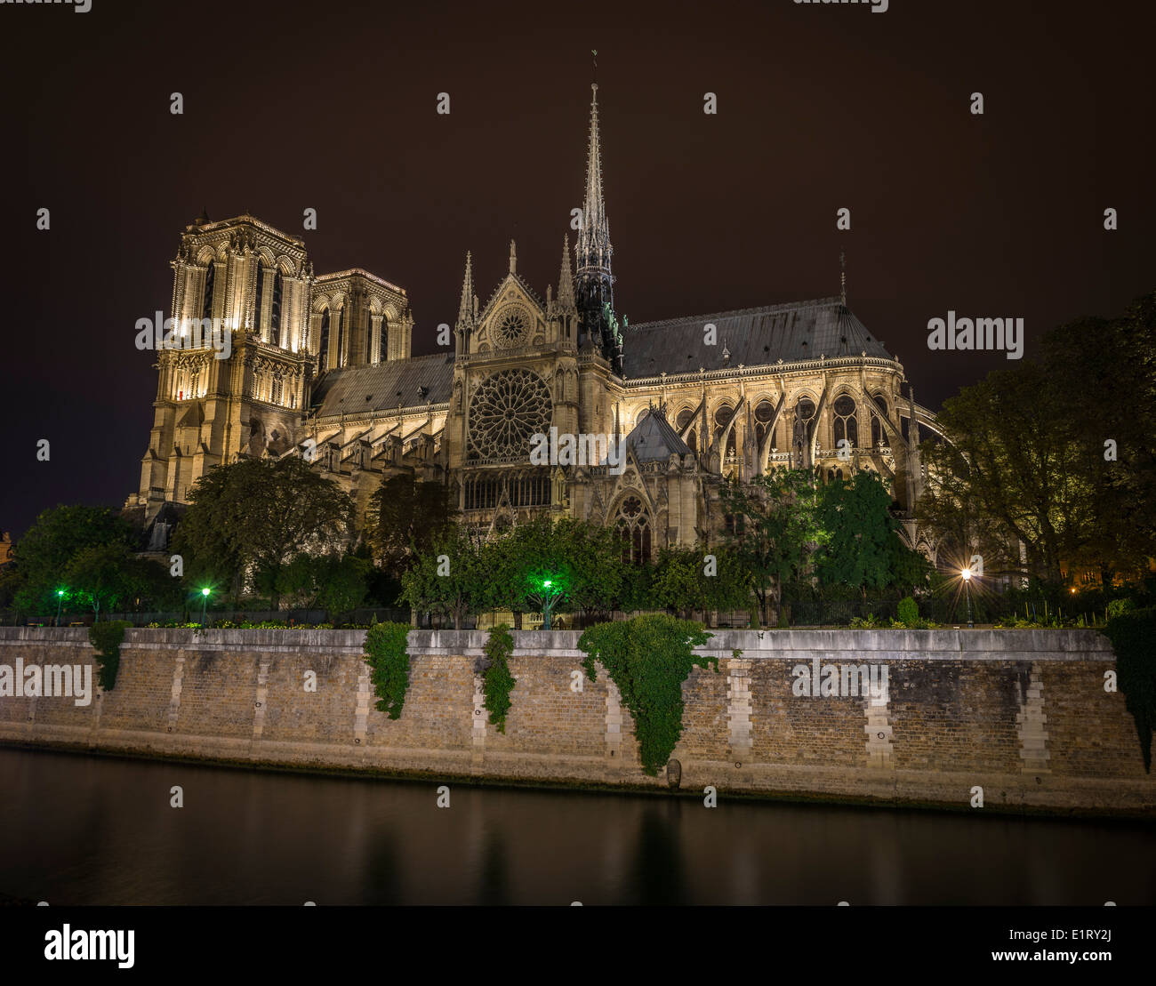 Beleuchtete Notre-Dame in der Nacht in Paris, Frankreich Stockfoto