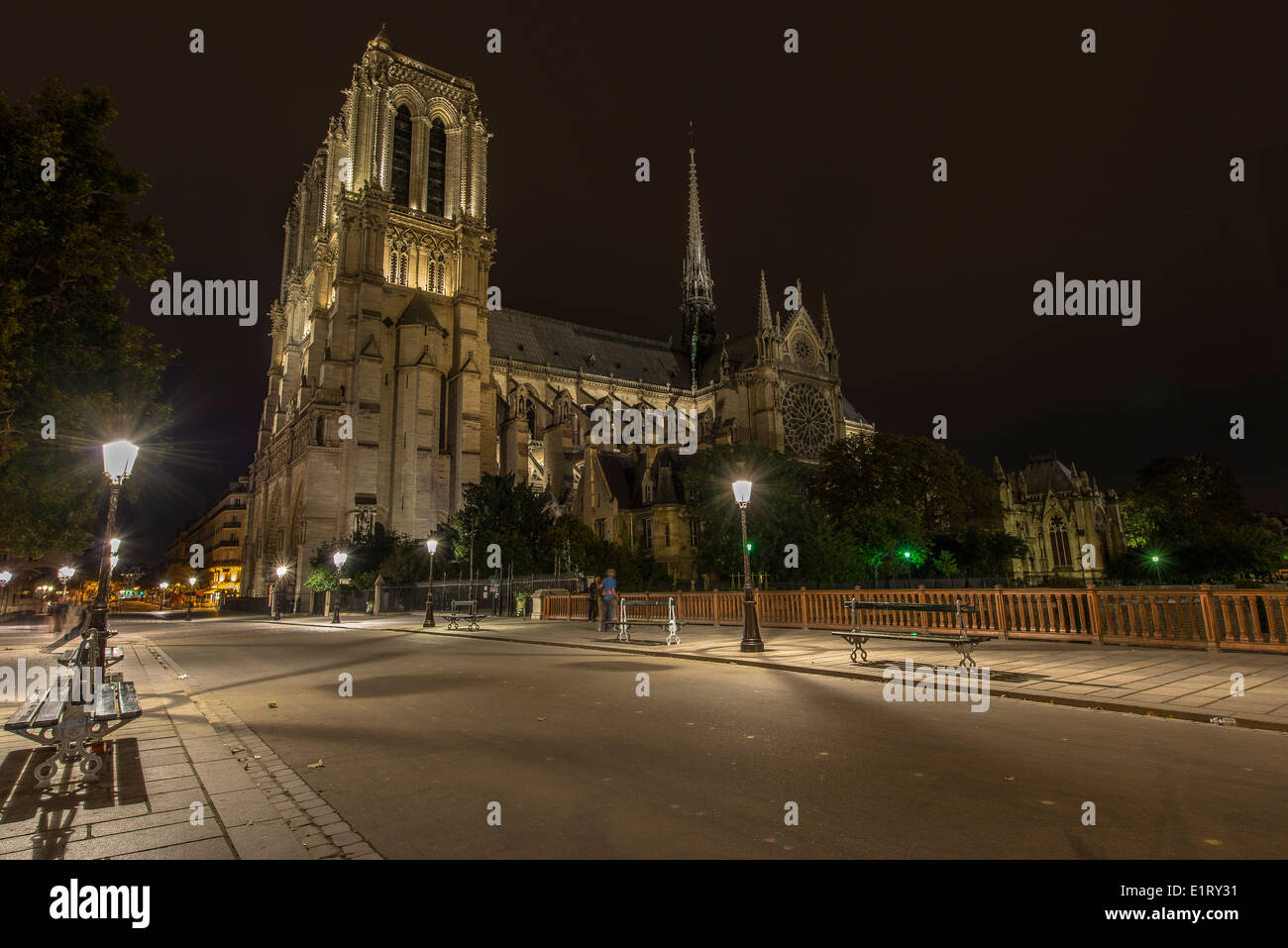 Beleuchtete Notre-Dame in der Nacht in Paris, Frankreich Stockfoto