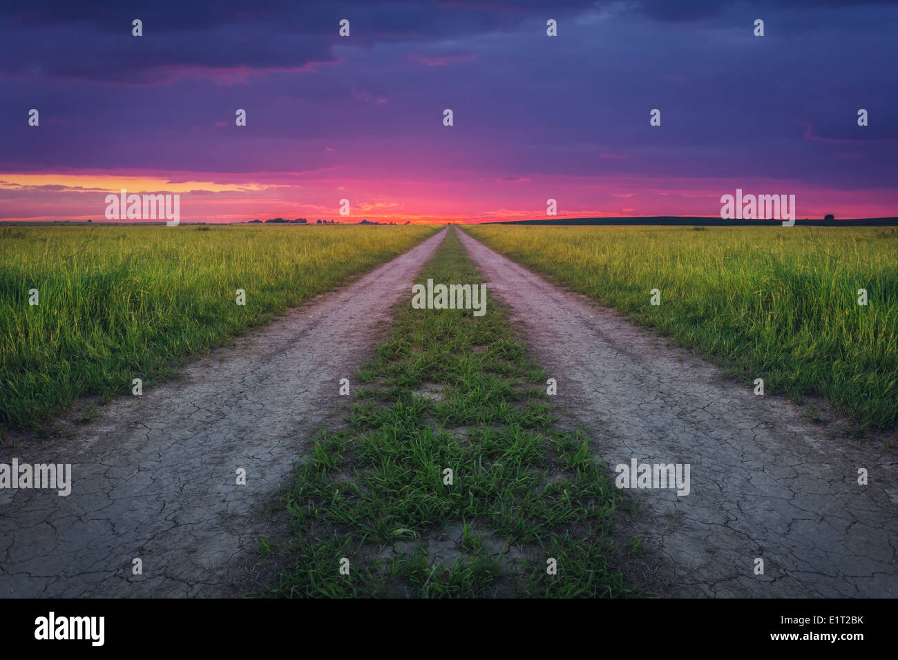 Landstraße und rosa Sonnenuntergang Stockfoto