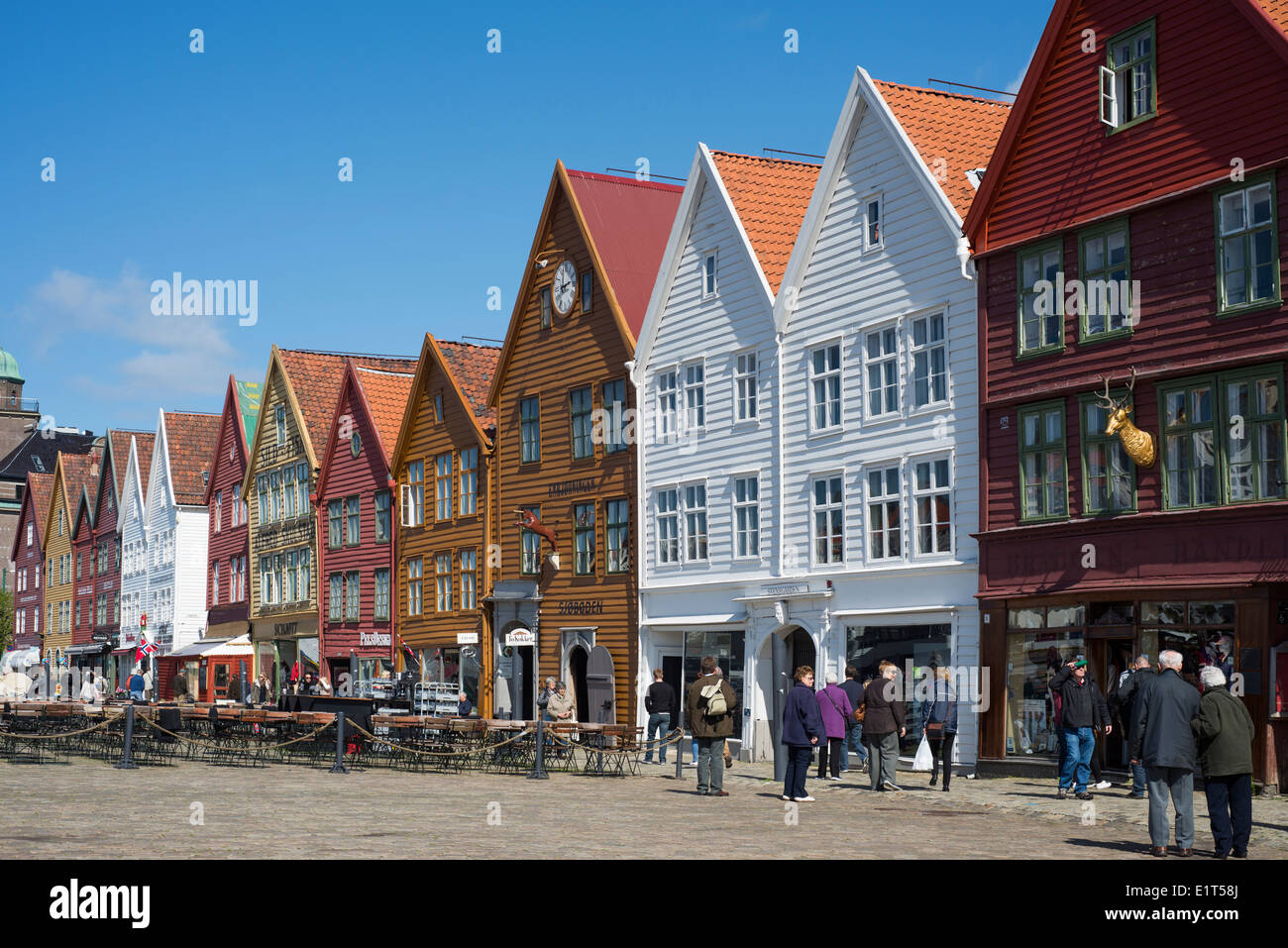 Wharfside Altbauten von Bryggen in Bergen, Norwegen Stockfoto