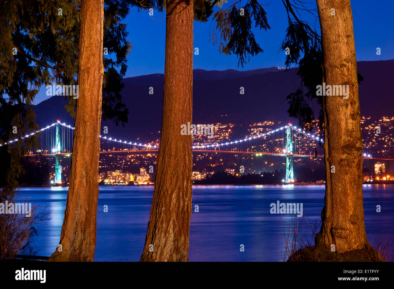 Lions Gate Bridge bei Nacht vom Stanley Park, Britisch-Kolumbien, Kanada Stockfoto