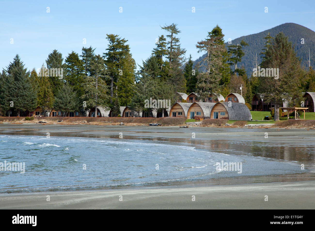 Hütten Vermietung von Unterkünften am MacKenzie Beach in der Nähe von Tofino auf Vancouver Island im Clayoquot Sound in British Columbia Kanada Stockfoto