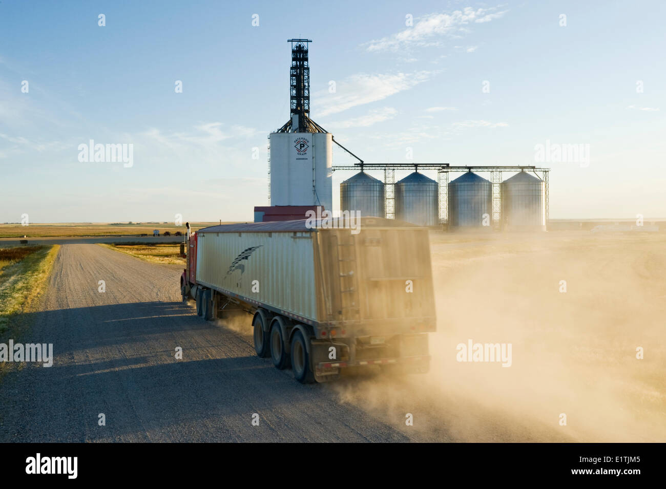 ein LKW schleppt Korn zum Aufzug im Landesinneren Getreide Terminal/Korn Assiniboia, Saskatchewan, Kanada Stockfoto
