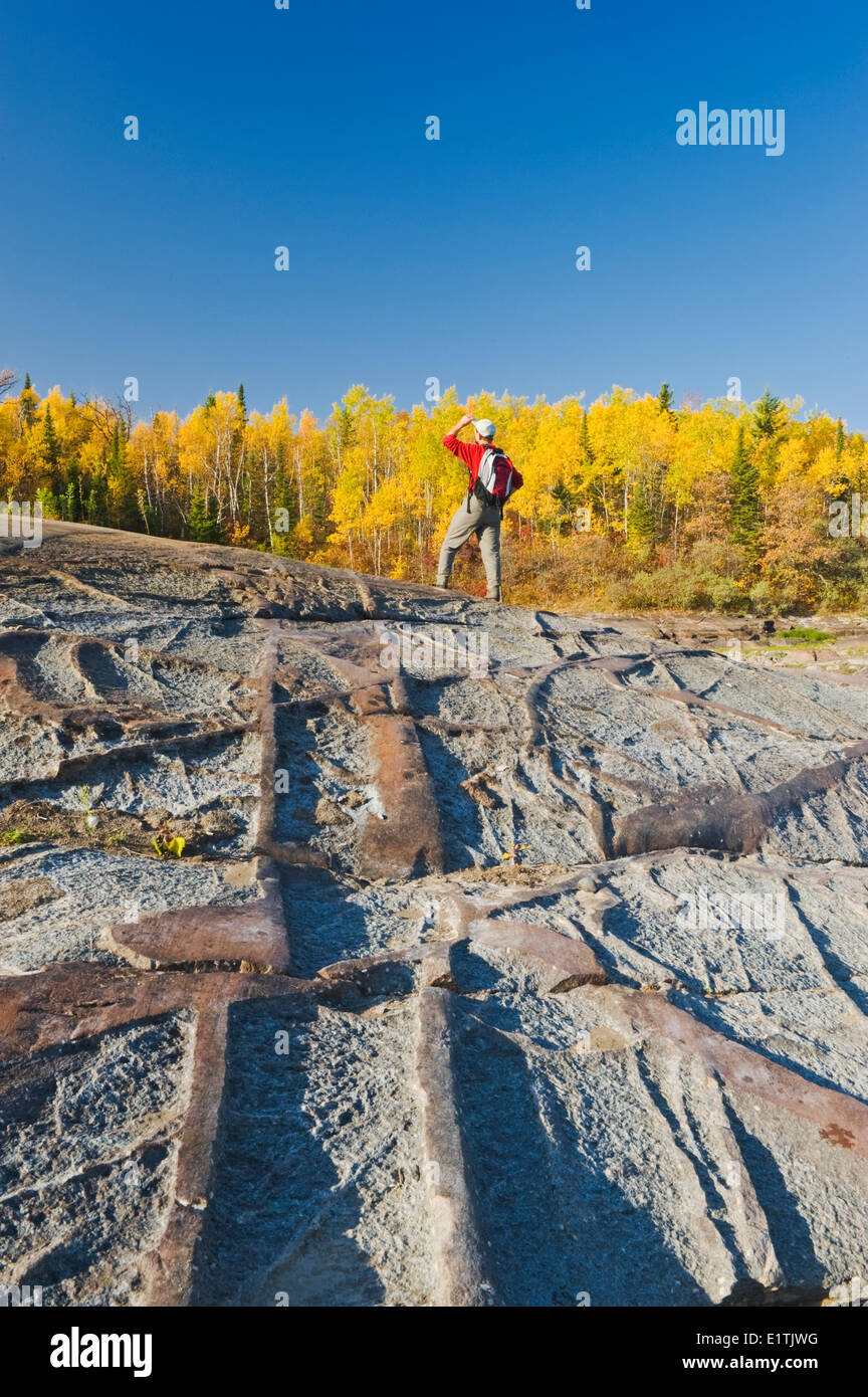 Herbst, Wanderer auf präkambrischen Schild Felsen entlang des Winnipeg River, in der Nähe von Seven Sisters, Manitoba, Kanada Stockfoto