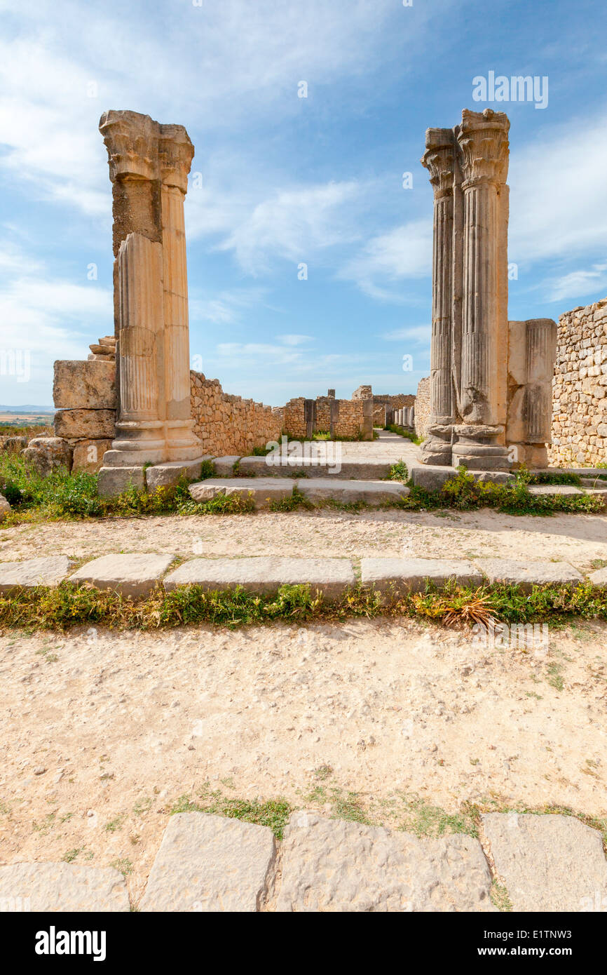 Blick auf die alten römischen Ruinen von Volubilis in der Nähe von Meknès in Marokko. Stockfoto