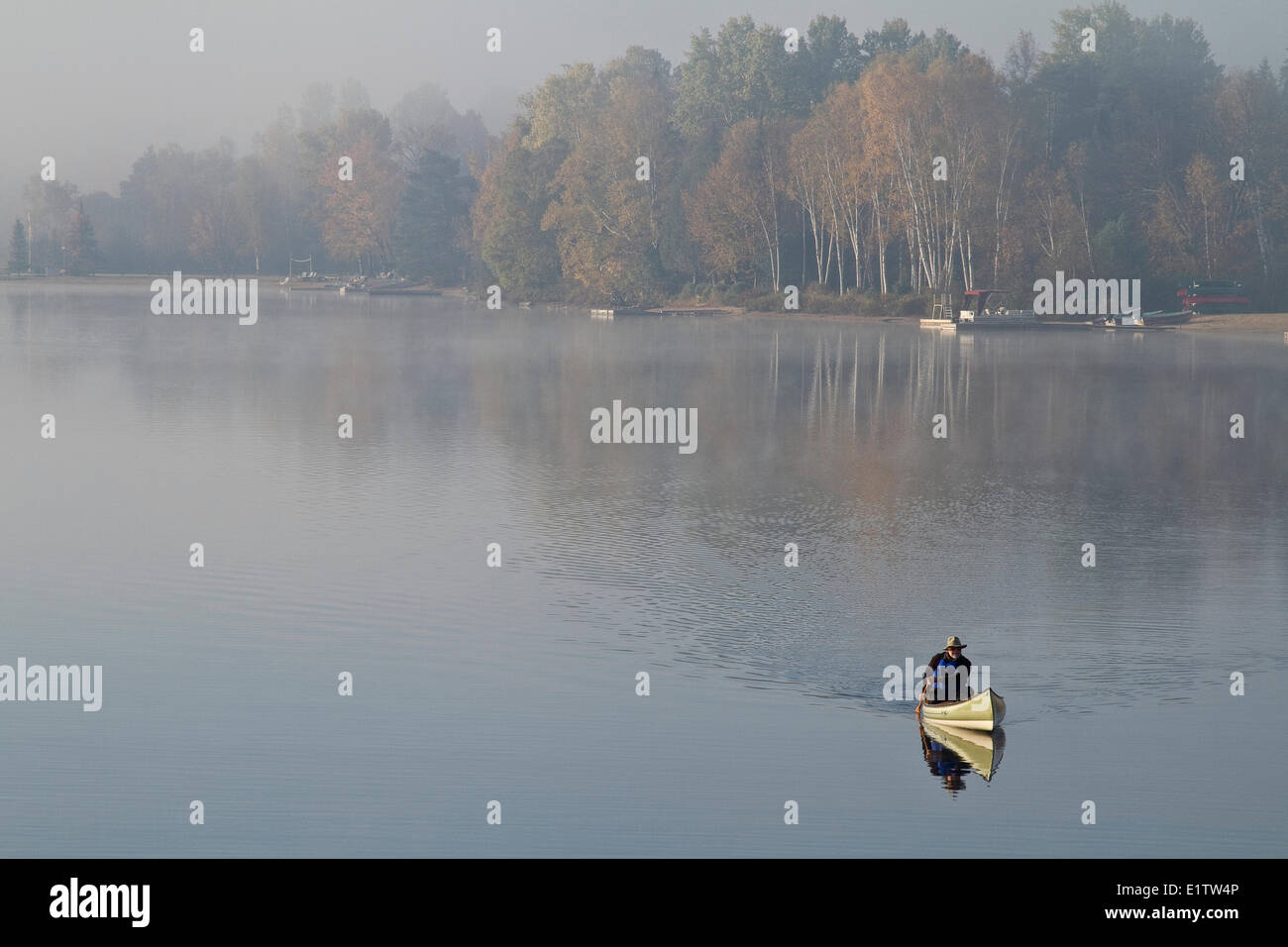 Mann solo Paddel Kanu auf Habichtsbitterkraut See, Muskoka, Ontario. Stockfoto