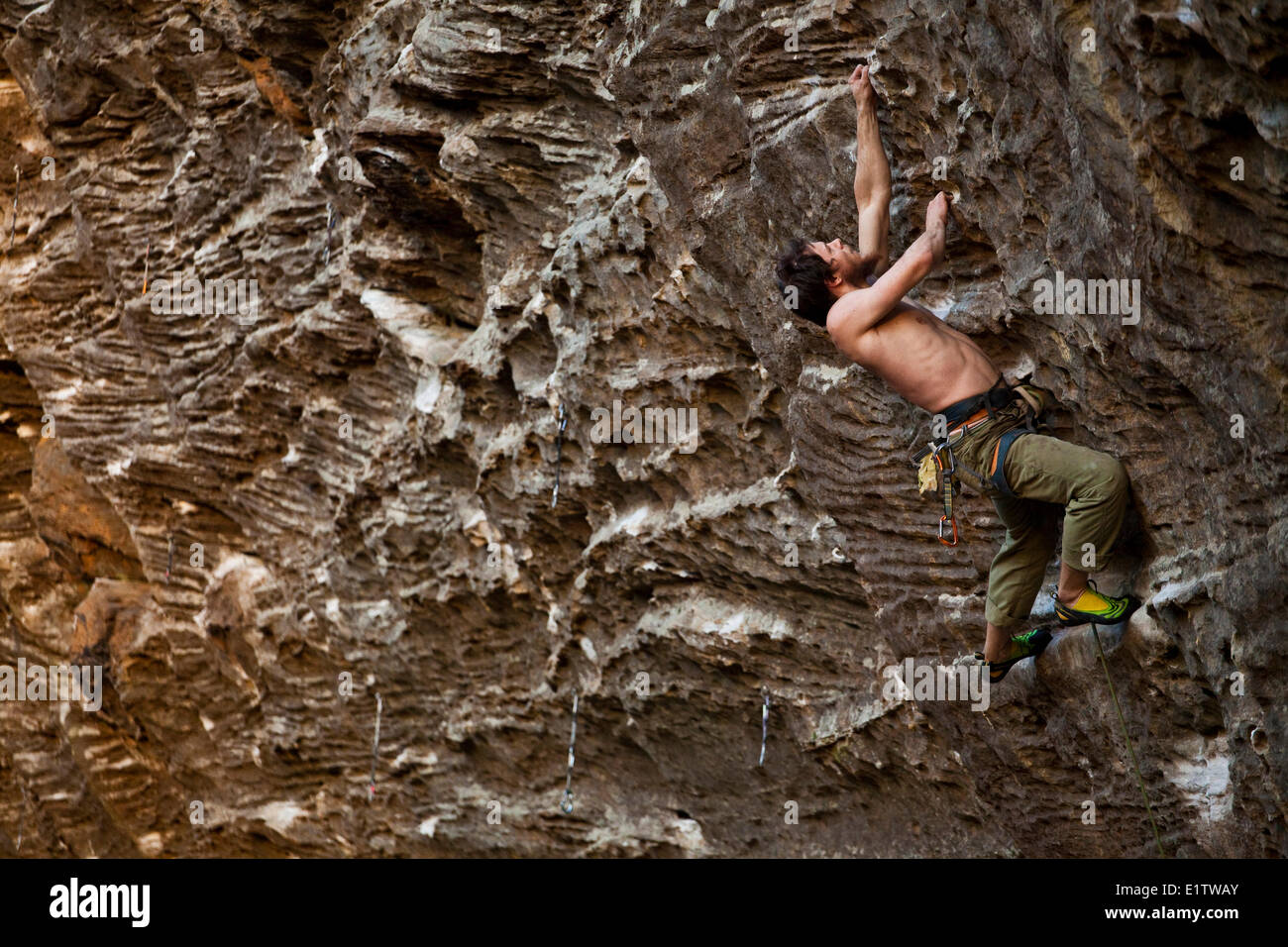 Ein Mann klettert an der Wand Motherlode im Herbst. Red River Gorge, Kentucky Stockfoto