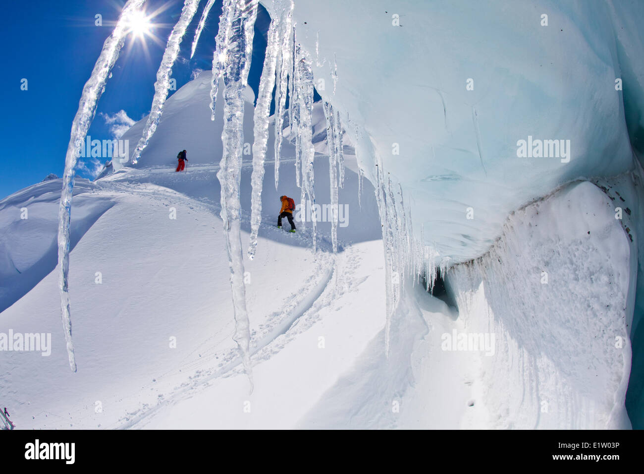 Backcountry Skifahrer und ein Einsatzbereich Touring bis stark spaltenreichen Gletscher am Eisfall Lodge, Canadian Rockies, Golden, BC Stockfoto