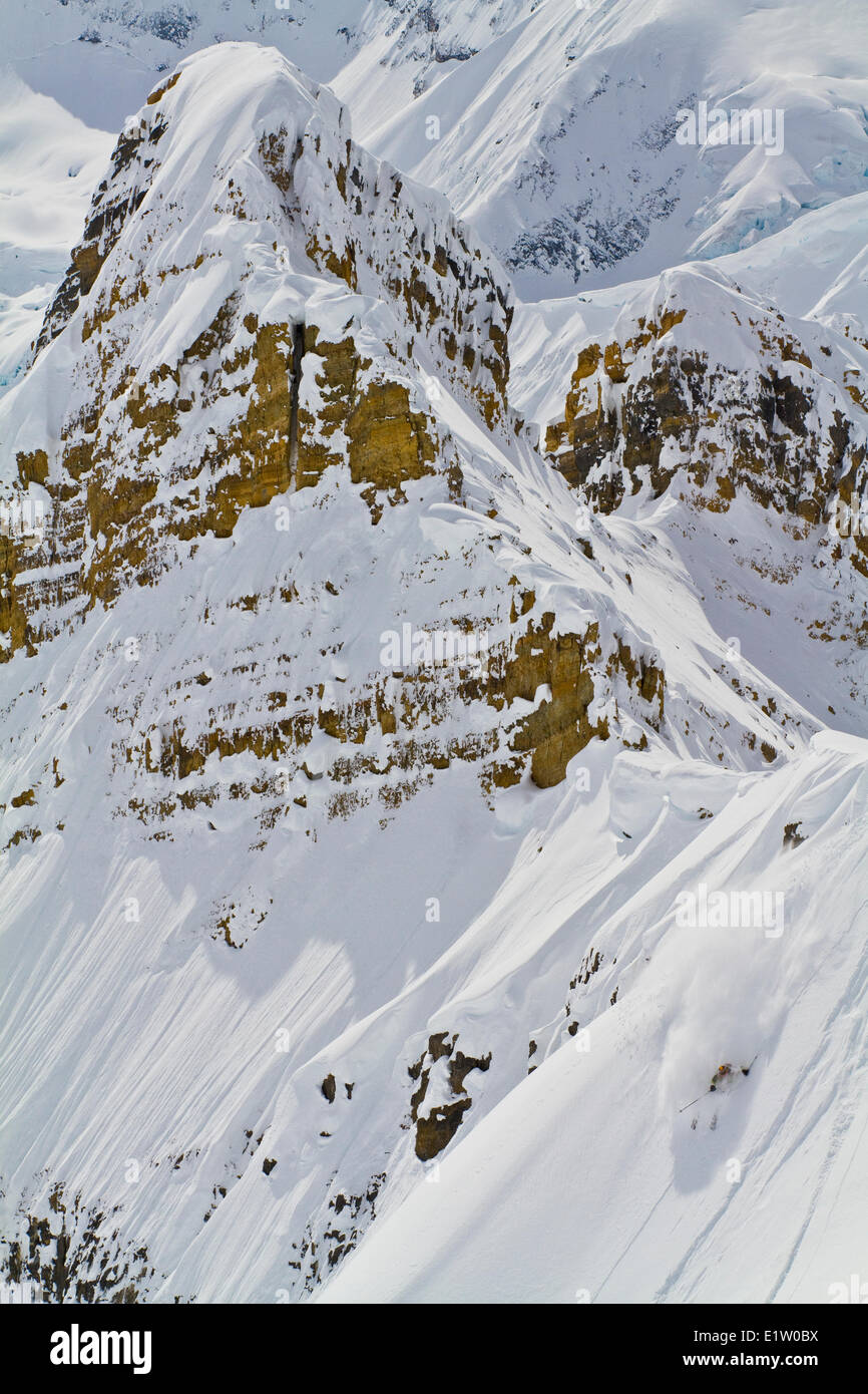 Eine männliche Backcountry Skifahrer reißt eine große Schlange in den Rockies Candian. Eisfall Lodge, Golden, BC Stockfoto