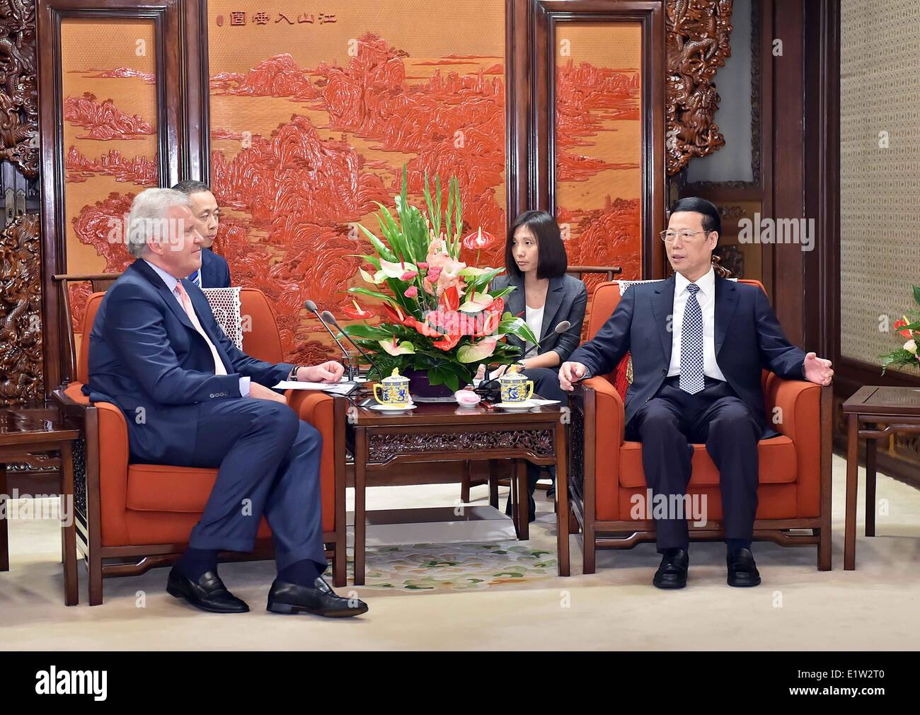 Peking, China. 10. Juni 2014. Chinese Vice Premier Zhang Gaoli (R) trifft sich mit Chairman und Chief Executive Officer Jeffrey R. Immelt von General Electric Co. in Peking, Hauptstadt von China, 10. Juni 2014. © Li Tao/Xinhua/Alamy Live-Nachrichten Stockfoto