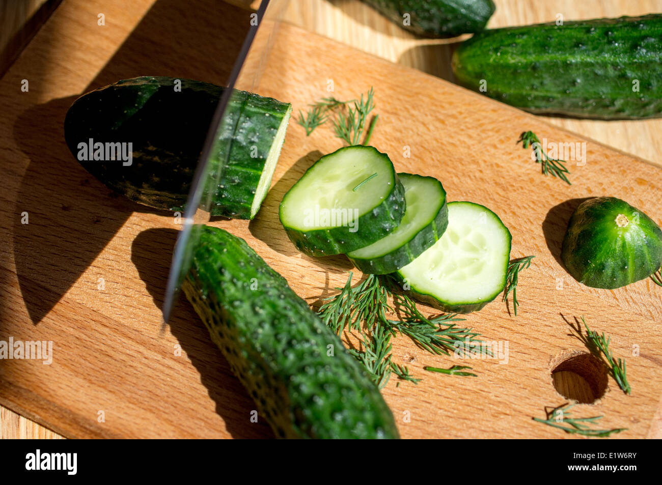 Gurken schneiden Messer auf einem Holzbrett und Dill. Stockfoto