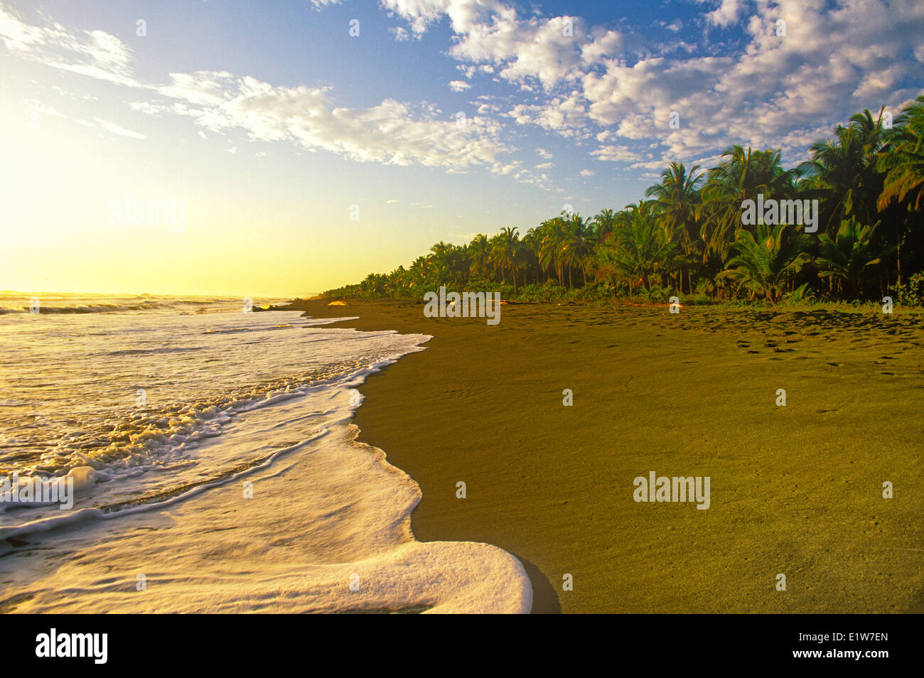 Wellen brechen sich am Strand bei Sonnenaufgang in der Nähe von Limon, Karibikküste Costa Rica Stockfoto