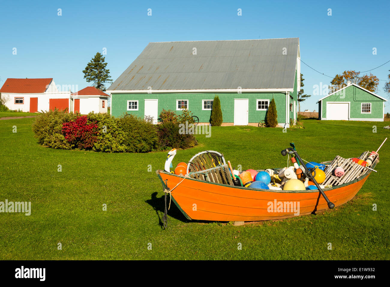 Angeln, Dory und Scheune, Punkt Prim, Prince Edward Island, Canada Stockfoto