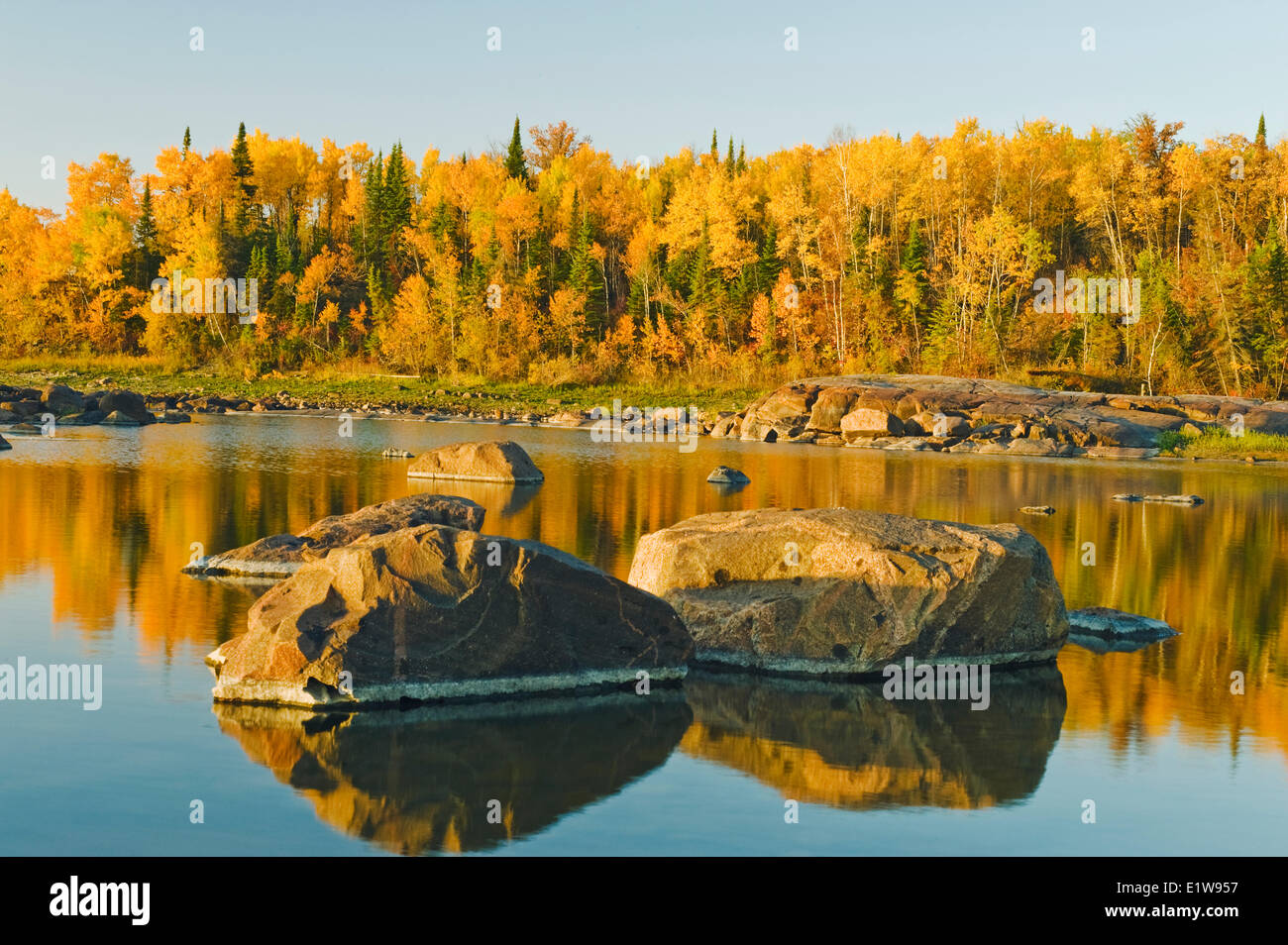 Präkambrischen Schild Felsen entlang des Winnipeg River mit Herbst Farben im Hintergrund, in der Nähe von sieben Schwestern, Manitoba, Kanada Stockfoto