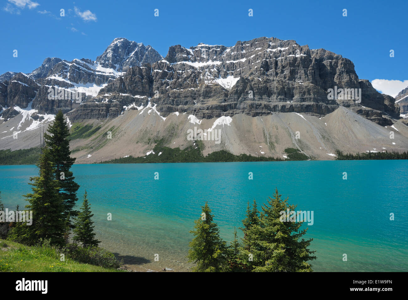 Bow Lake und den kanadischen Rocky Mountains, Banff Nationalpark, Alberta, Kanada Stockfoto
