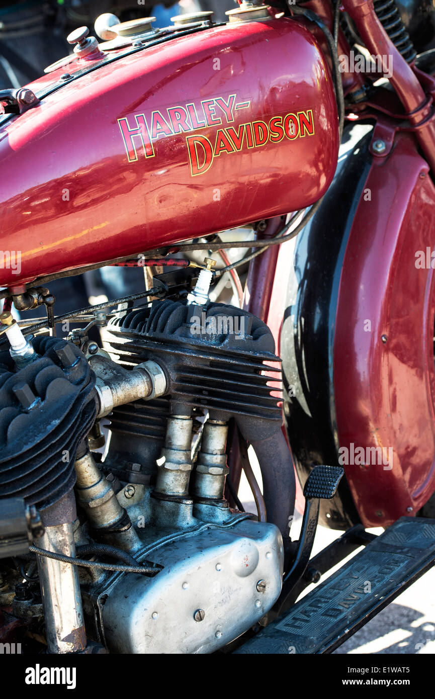 Vintage Harley Davidson Motorrad am VMCC Banbury verkehren. Banbury, Oxfordshire, England Stockfoto