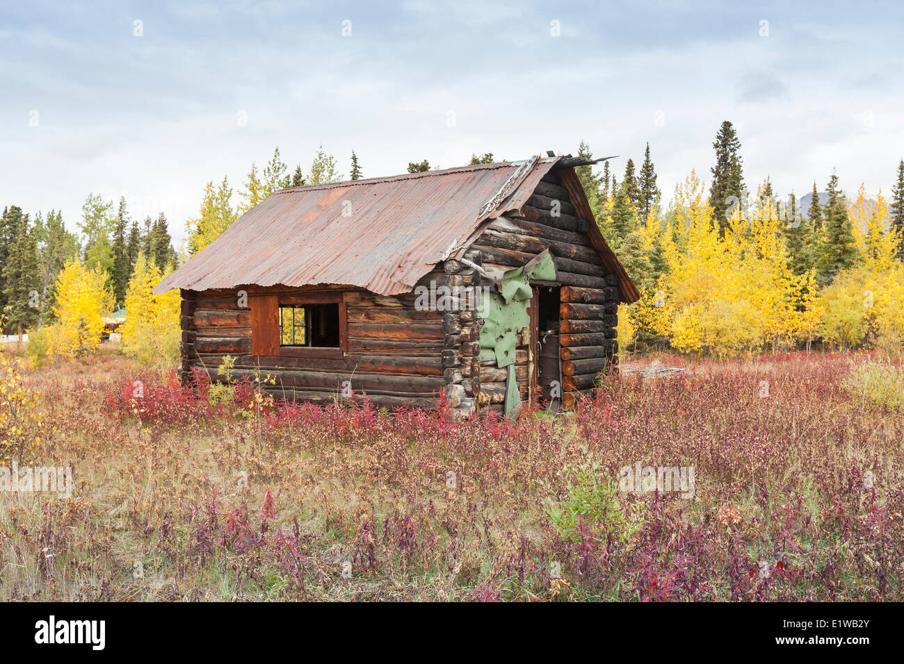 Verlassenen Hütte auf der Nabesna Straße in Wrangell - St. Elias National Park & zu bewahren, Alaska, Vereinigte Staaten von Amerika Stockfoto