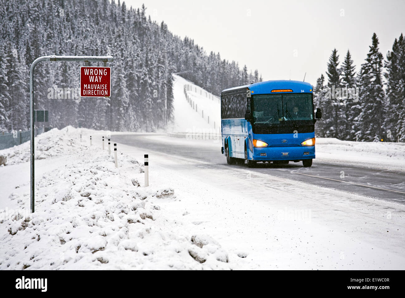 Zeichen und Tour Bus verkehrt am Trans-Canada Highway unter winterlichen Bedingungen in der Nähe von Lake Louise, Banff, Albert, Kanada Stockfoto
