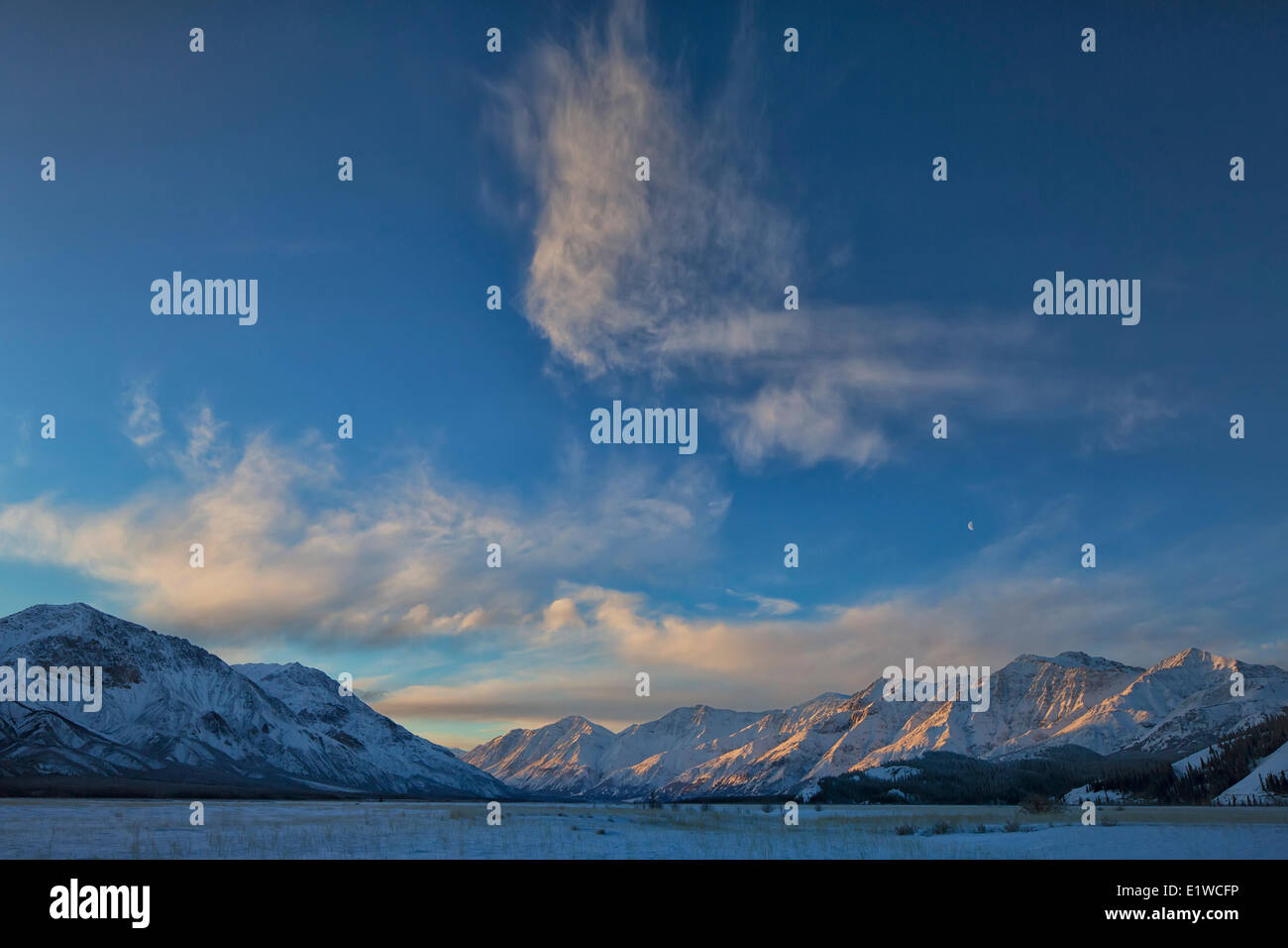 Morgenröte leuchtet den Himmel über das Slims Flusstal, das sich im Kluane National Park Yukon befindet. Der Mond kann gesehen werden, in der Nähe der Stockfoto