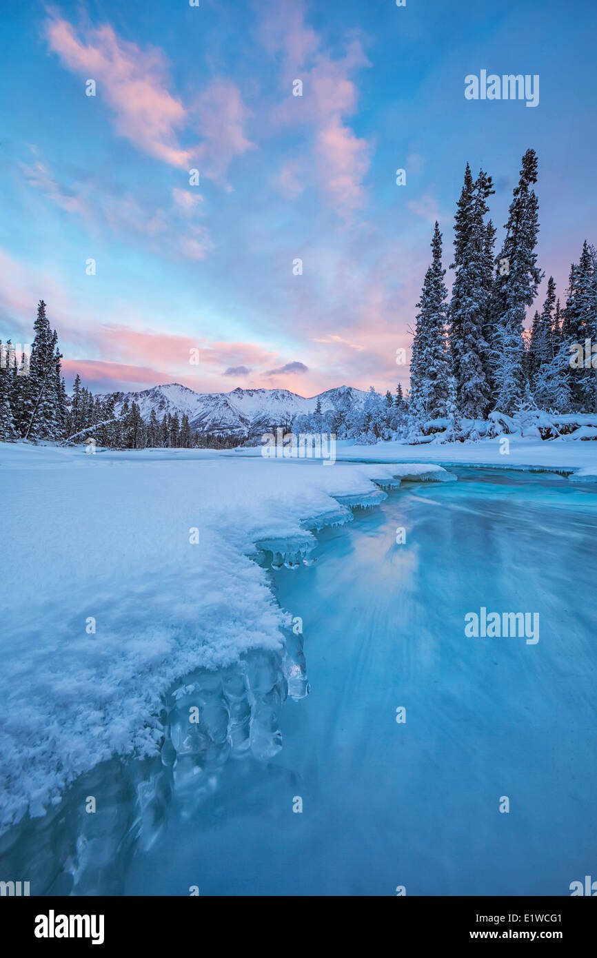 Rosa Wolken leuchten die Abenddämmerung Himmel über den Wheaton River, vor den Toren Whitehorse, Yukon. Das tiefe Blau ist der Fluss Stockfoto Rosa Wolken leuchten die Abenddämmerung Himmel über den Wheaton River, vor den Toren Whitehorse, Yukon. Das tiefe Blau ist der Fluss Stockfoto