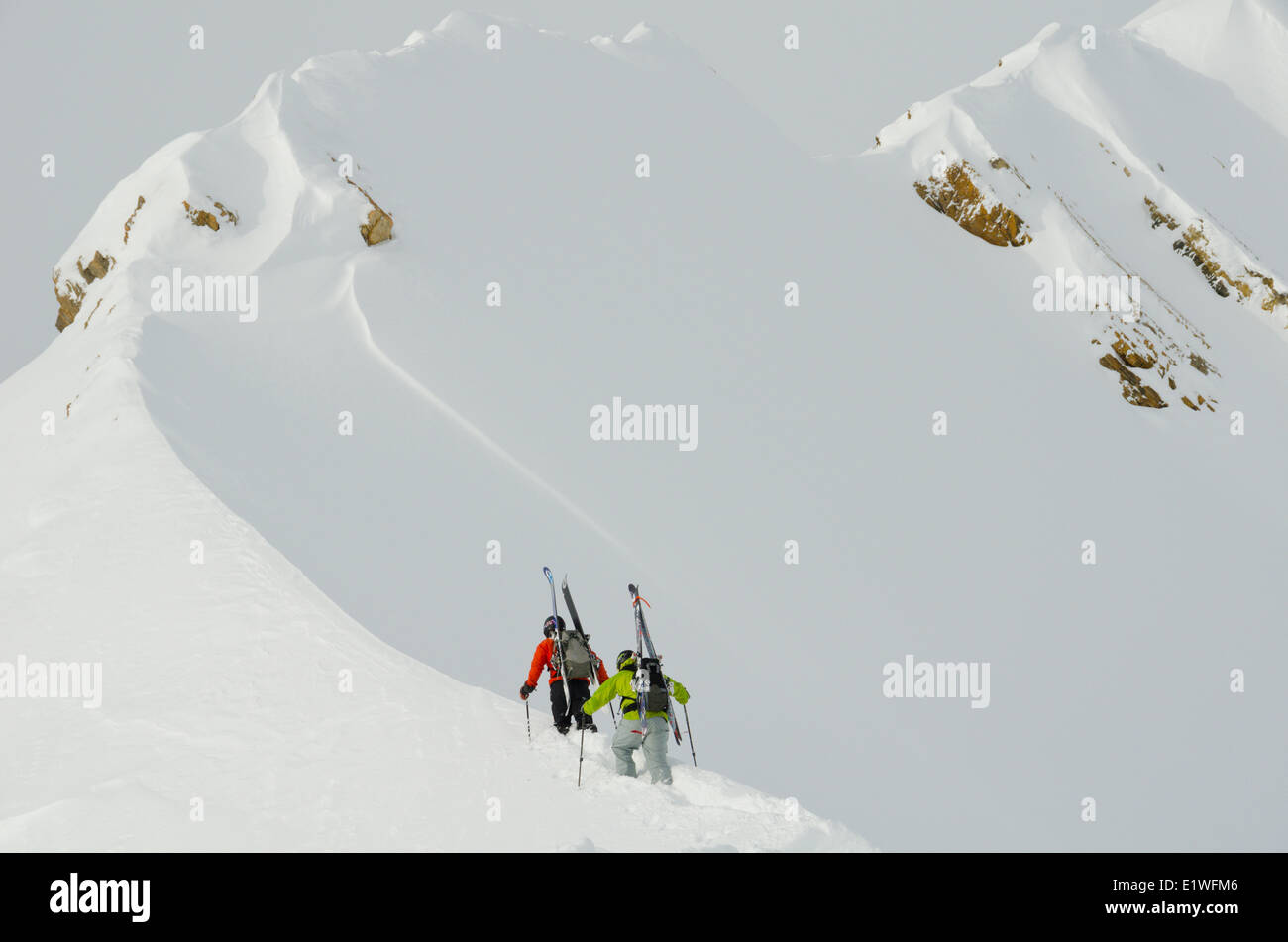 Zwei Backcountry Skifahrer steigen einem Bergrücken im Eisfall Bereich von den kanadischen Rocky Mountains nördlich von Golden, British Columbia Stockfoto
