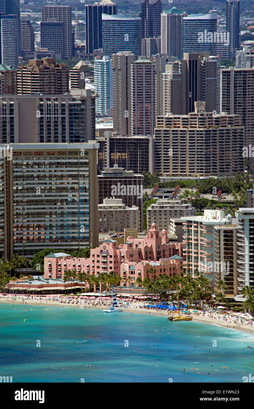 Blick auf Waikiki touristischen Zentrum von Honolulu Diamond Head Berg Stockfoto