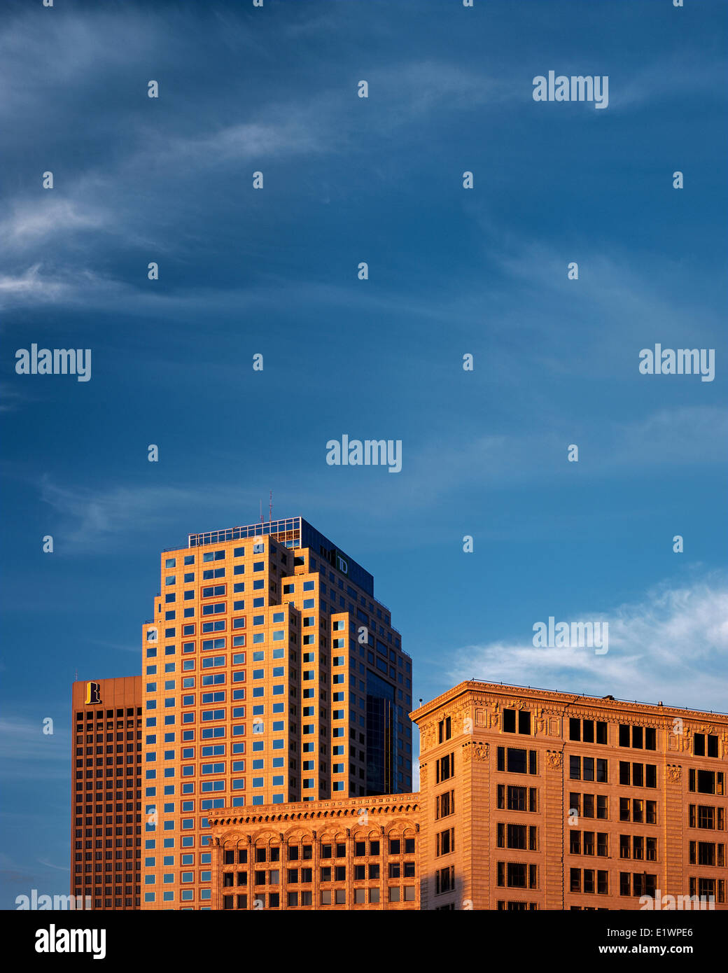 EXCHANGE DISTRICT, CANWEST GLOBAL, ELEKTRISCHE EISENBAHN KAMMERN UND LINDSAY GEBÄUDE, WINNIPEG, MANITOBA, KANADA Stockfoto