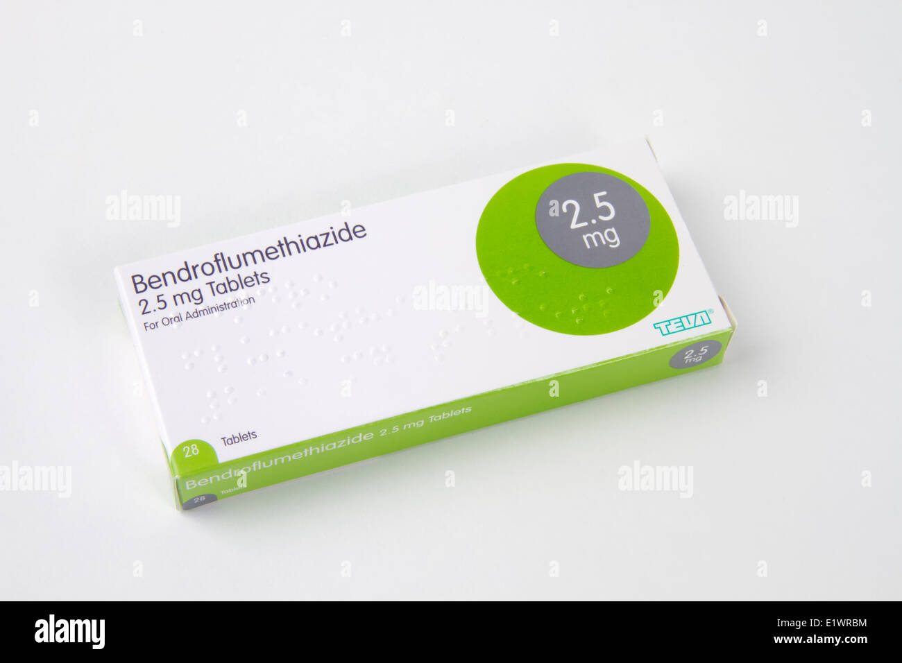 Packung mit 28 Bendroflumenthiazide 2,5 mg Tabletten Stockfoto