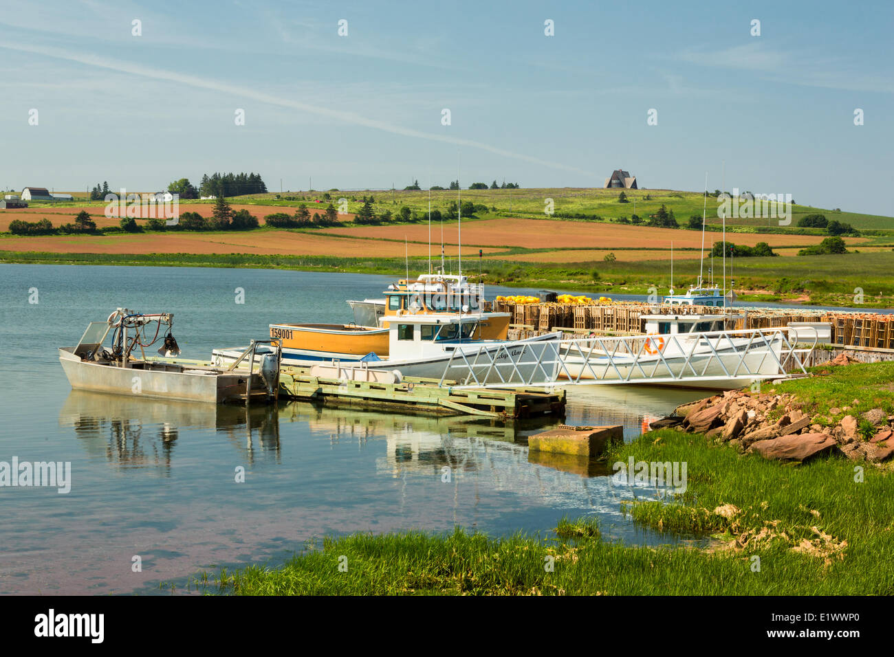Angelboote/Fischerboote gefesselt im French River Wharf, Prince Edward Island, Canada Stockfoto