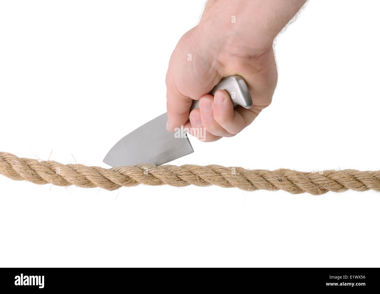 Messer schneiden Seil isoliert auf weißem Hintergrund Stockfoto