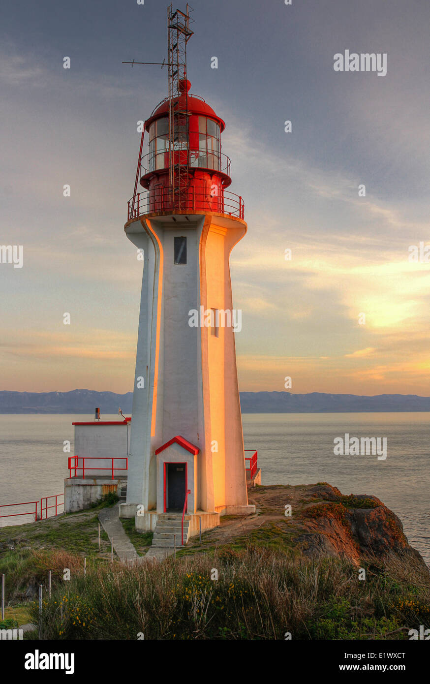 Sheringham Point Lighthouse, Shirley, BC, Vancouver Island, Kanada, Sonnenuntergang Stockfoto
