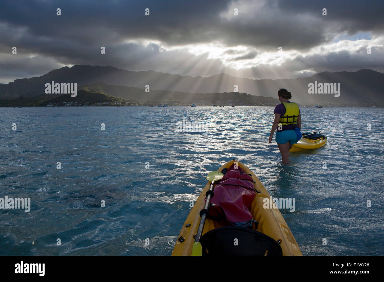 Kajakfahren auf der versunkenen Sandbar, Kane'ohe Bay, Oahu, Hawaii, Vereinigte Staaten von Amerika Stockfoto