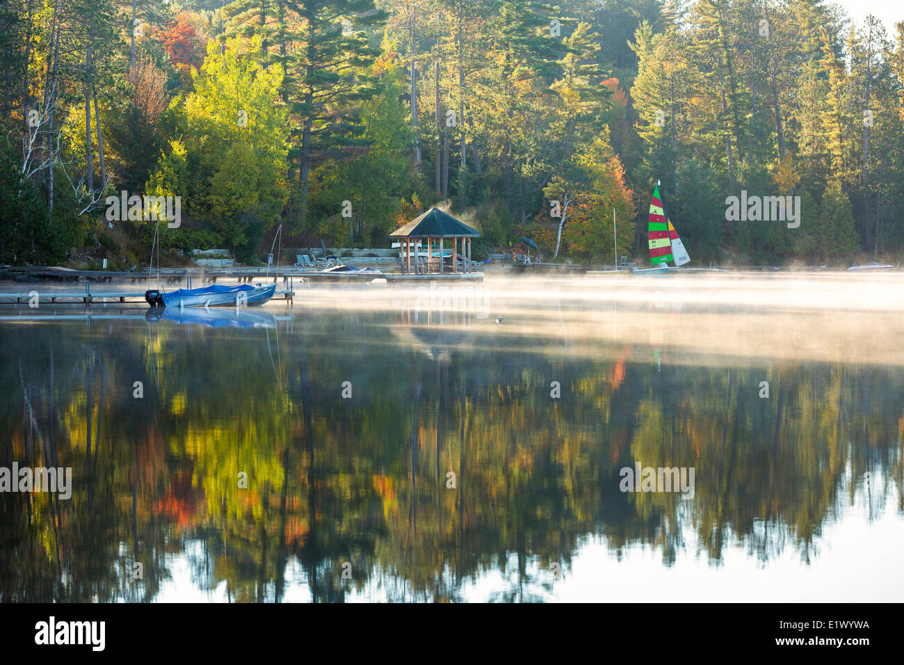 Morgennebel am See Buchten, Muskoka, Ontario, Kanada Stockfoto