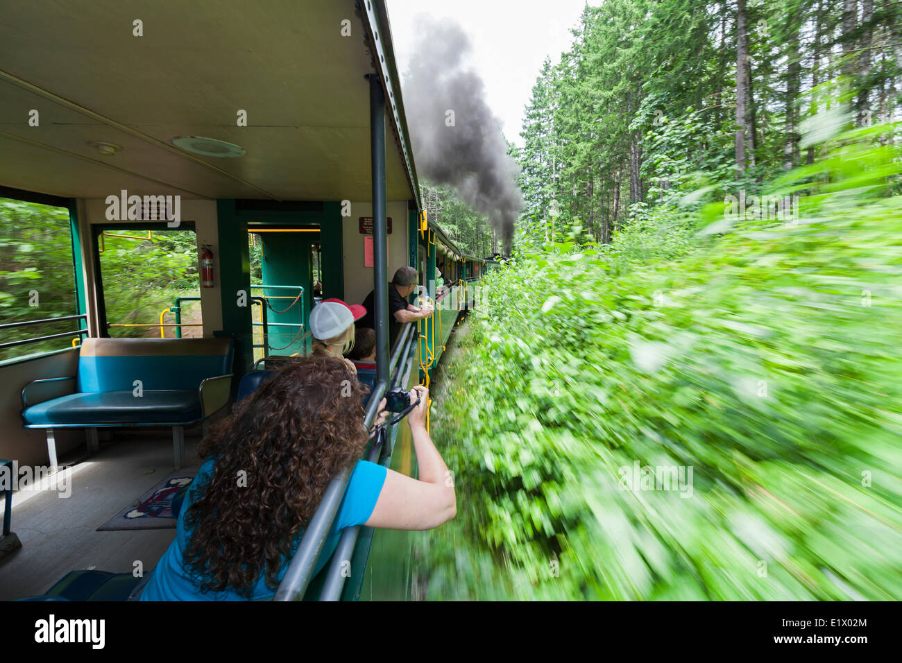 Passagiere an Bord der Alberni Pacific Dampfeisenbahn nehmen Sie Bilder auf dem Weg nach McLean Mill.  Port ALberni, Vancouver Island, Bri Stockfoto