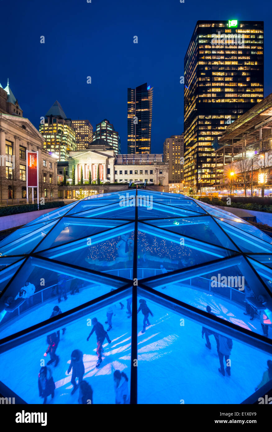 Eislaufen, Robson Square. Stockfoto