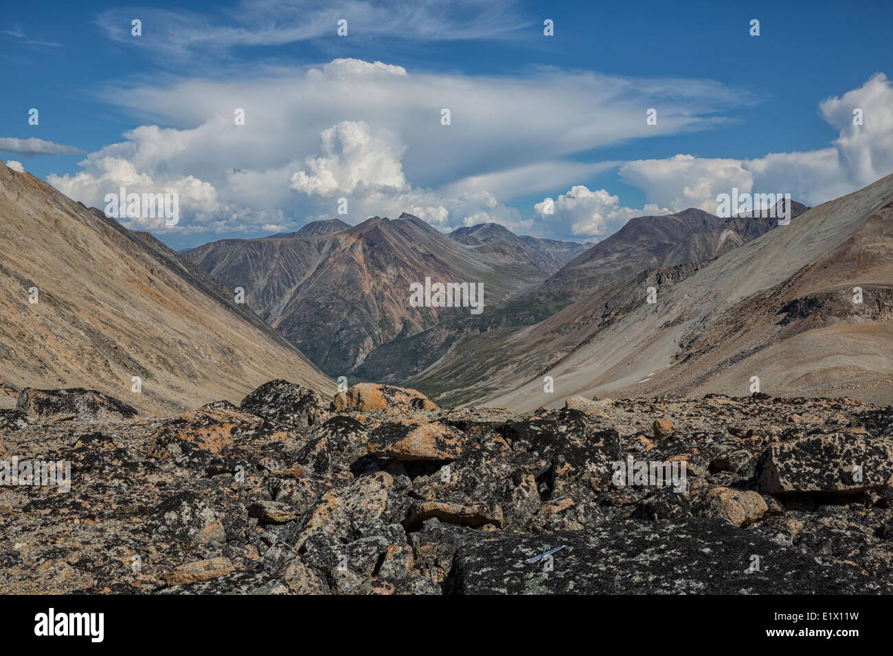 Cumulo Nimbus-Wolken bauen über den Yukon Coast Mountains in der Nähe von Carcross, Yukon. Stockfoto