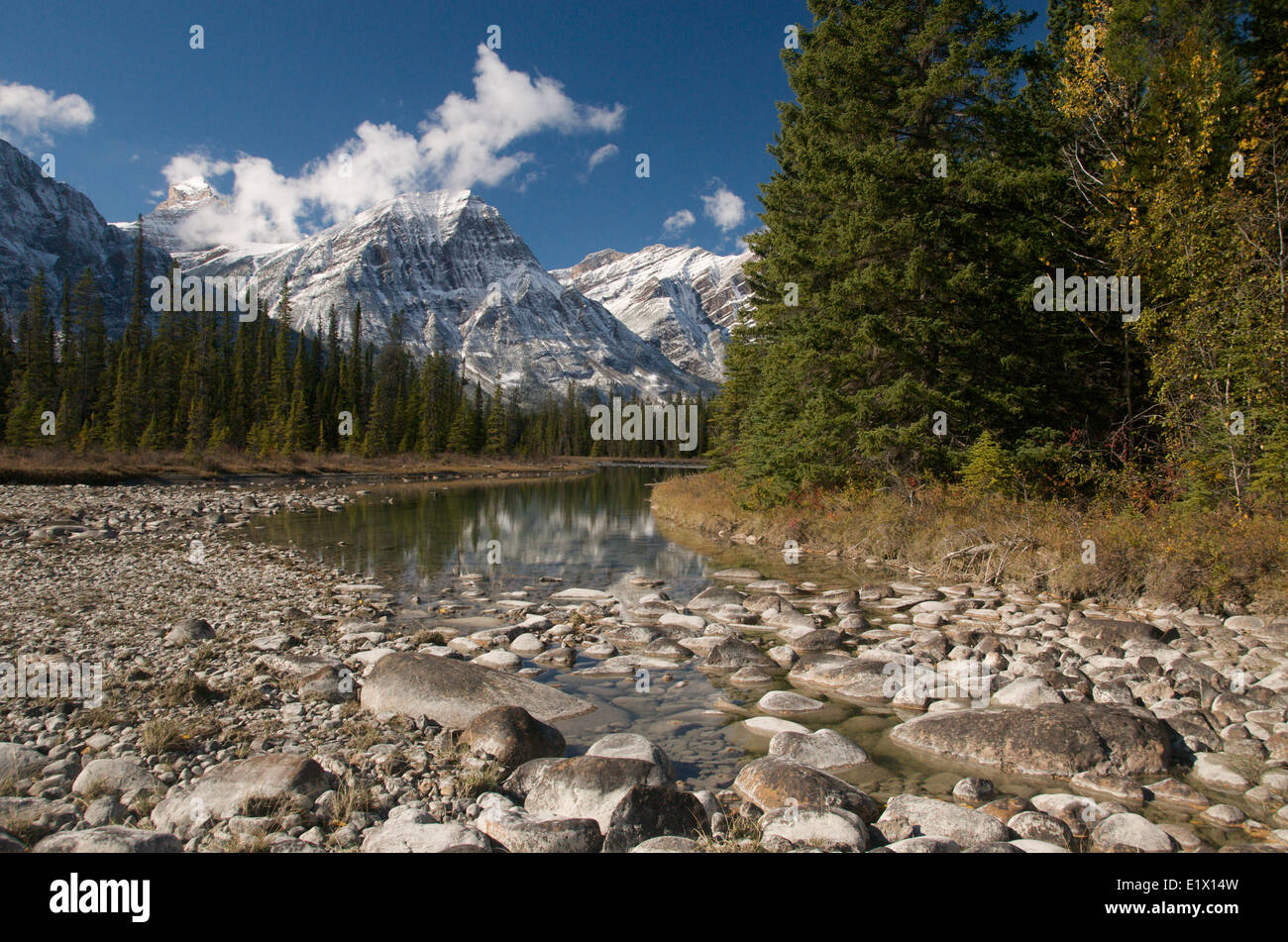 Landschaftlich der Rocky Mountains entlang Hwy. 93 und Athabasca River, Jasper Nationalpark, Alberta, Kanada. Stockfoto