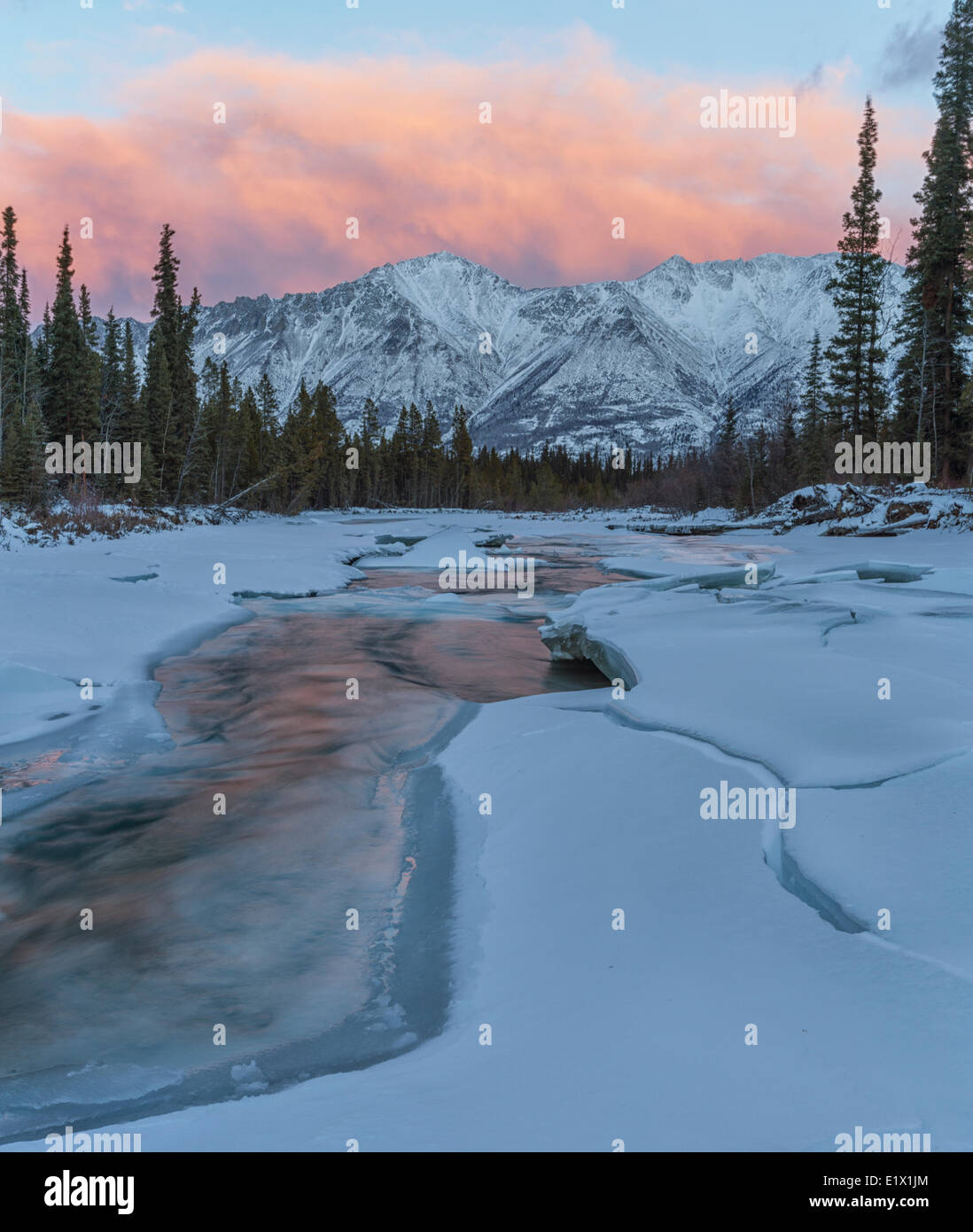 Pnk-Wolken bei Sonnenuntergang über den Grat grau wie die Wheaton River fließt in Richtung Bennett Lake, Yukon. Stockfoto