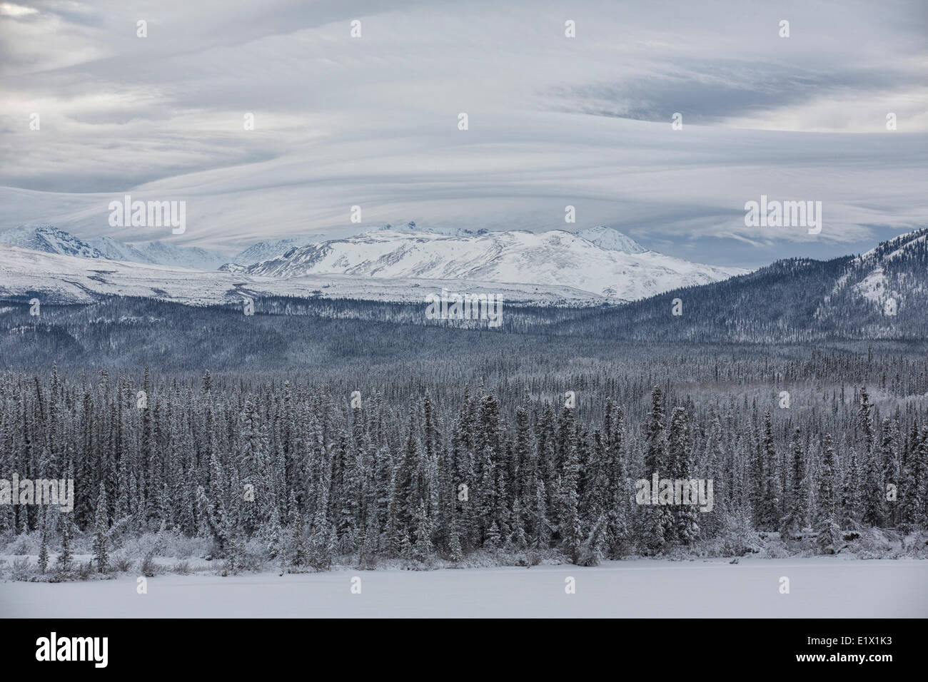 Linsenförmige Wolken bilden die Berge rund um Fox Lake im Yukon. Stockfoto