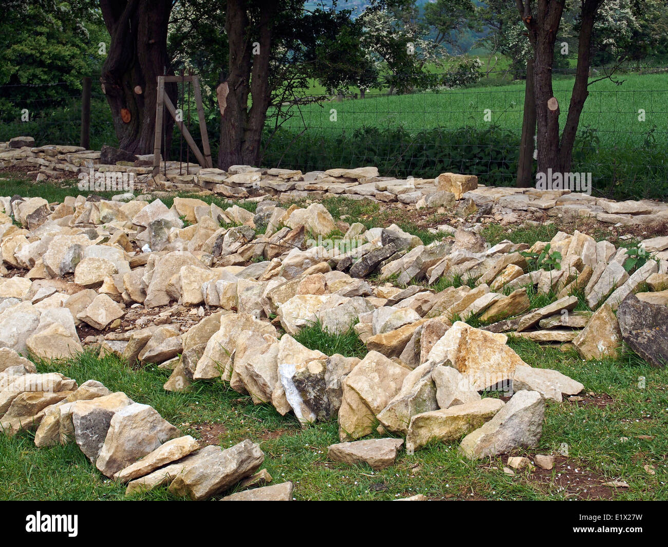 Stein und anderen Materialien in Vorbereitung für den Wiederaufbau einer Trockensteinmauer Cotswold in der Nähe von Broadway angelegt. Stockfoto