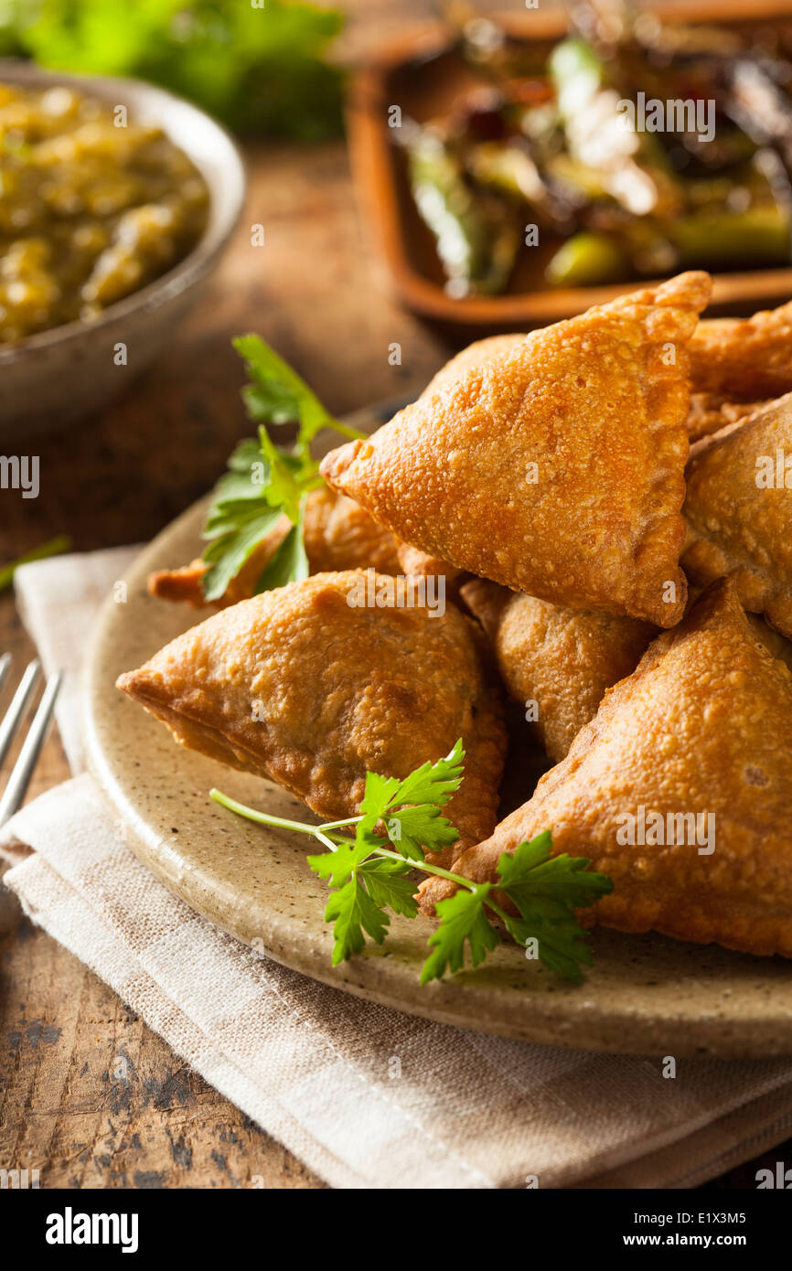 Hausgemachte gebratene indische Samosas mit Minze-Chutney-Sauce Stockfoto