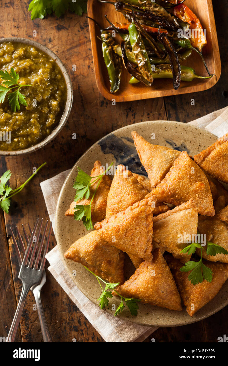 Hausgemachte gebratene indische Samosas mit Minze-Chutney-Sauce Stockfoto