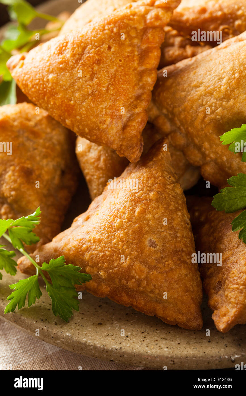 Hausgemachte gebratene indische Samosas mit Minze-Chutney-Sauce Stockfoto