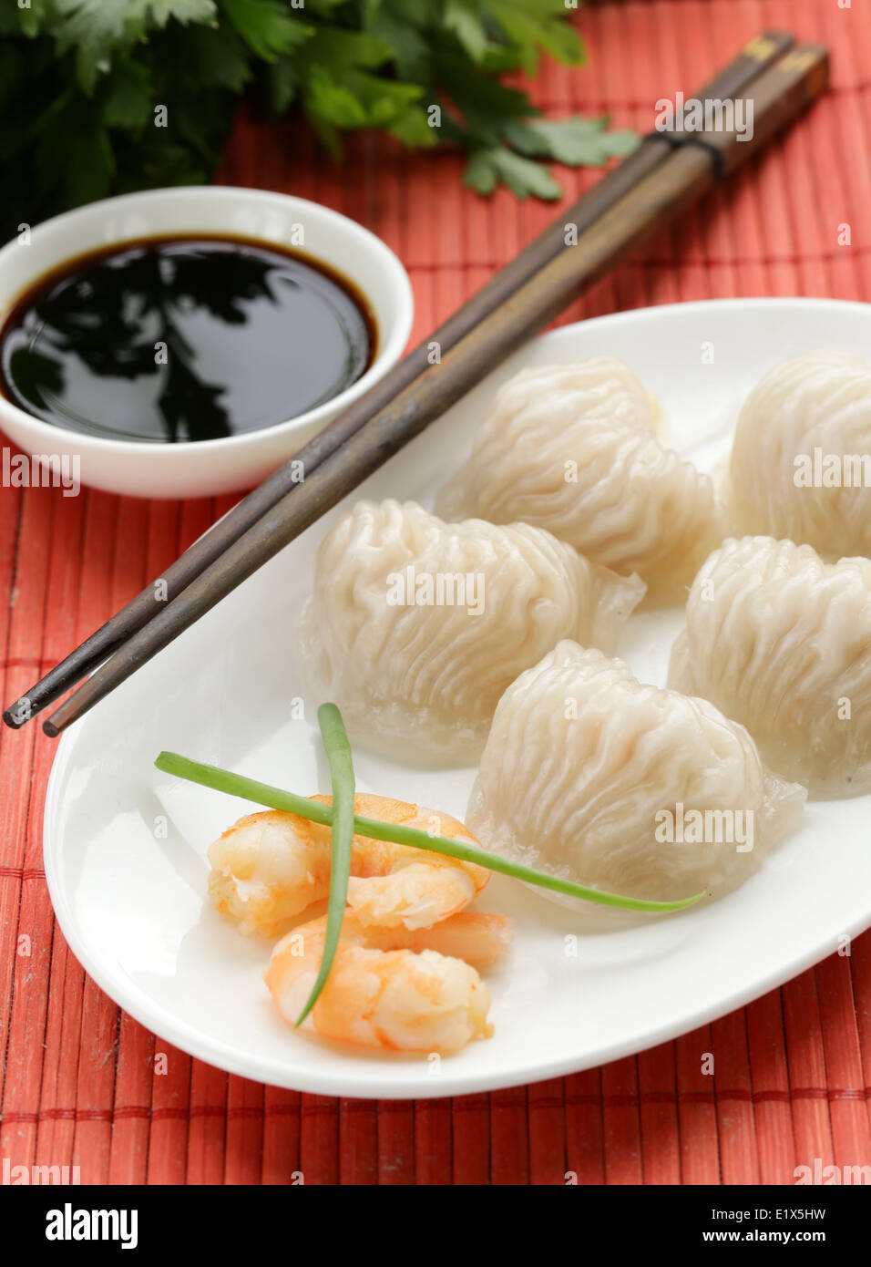 Asiatische gedünstetem Fleisch-Knödel-Dim-Sum mit Soja-sauce Stockfoto