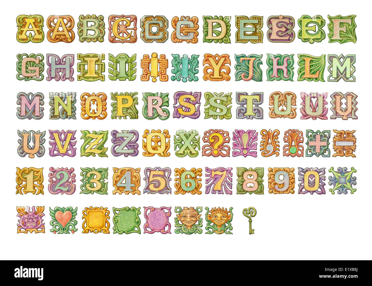 Märchenhafte bunte Alphabet Malerei. Isoliert auf weiss Stockfoto