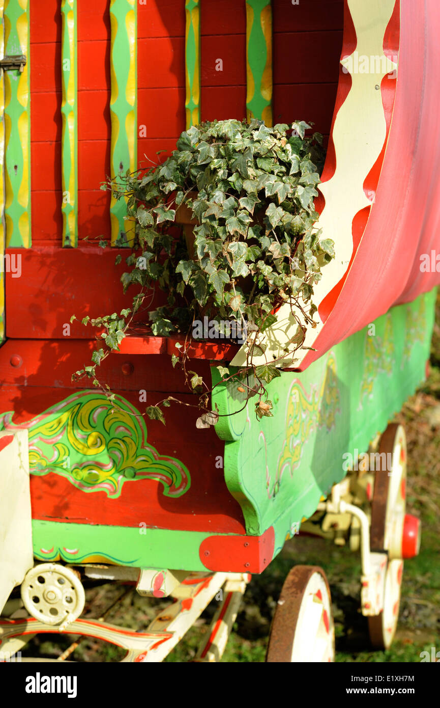 Detail von einem Zigeunerwagen Stil mit Efeu Topfpflanze für Ferienunterkünfte in Ceredigion - West Wales, UK Stockfoto